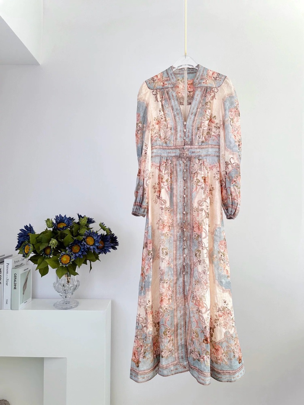Floral Lace-Trim Long Sleeve Maxi Dress - Pastel Multicolor
